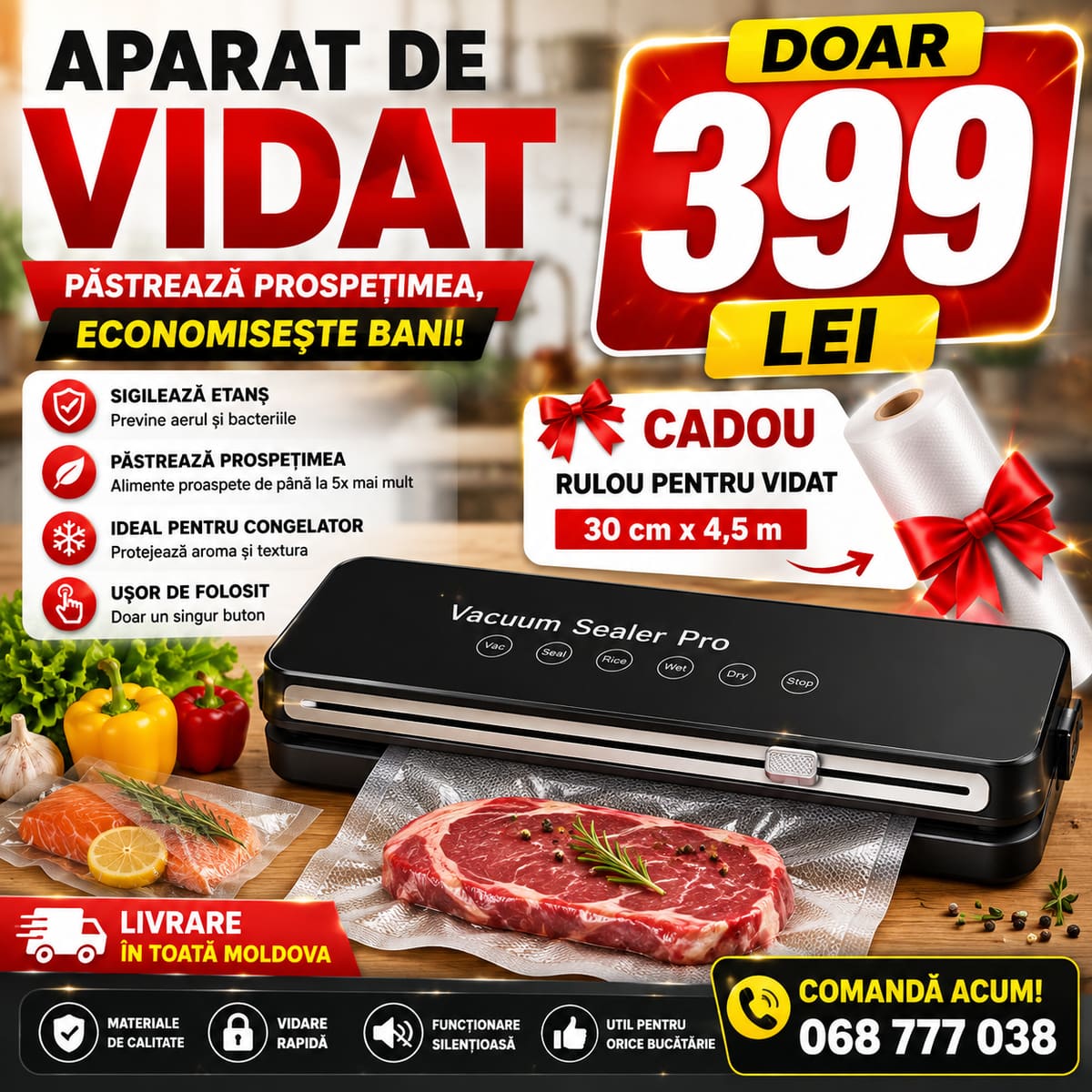 Aparat de vidat Vacuum Sealer Pro cu rulou pentru vidat cadou