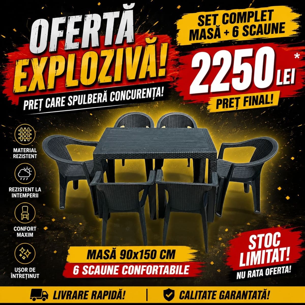 Set de grădină cu masă de 90×150 cm și 6 scaune, culoare antracit