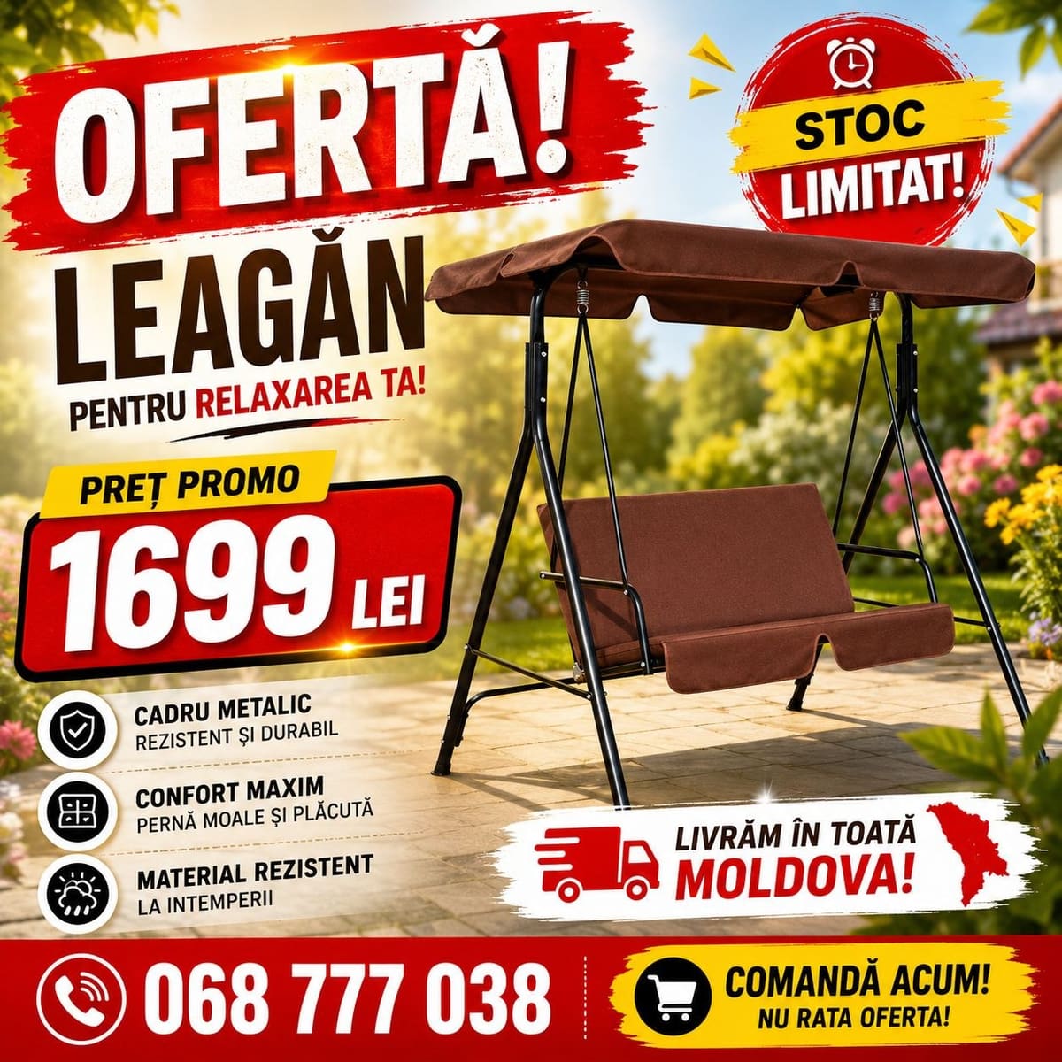 Leagăn de grădină maro cu copertină și pernă moale, cadru metalic
