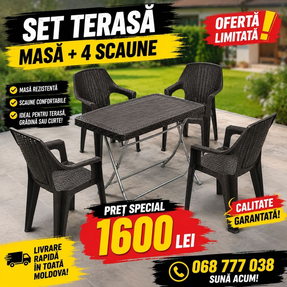 Set de terasă cu masă pliabilă și 4 scaune maro închis, aspect de ratan