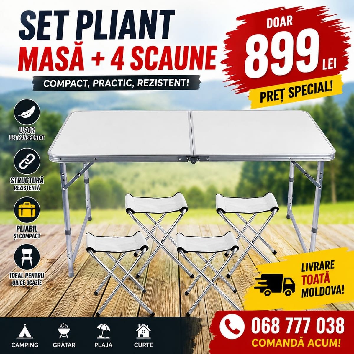 Set pliant cu masă albă cu cadru din aluminiu și 4 scaune pliante